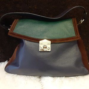 Blue Leather brown suede trim handbag